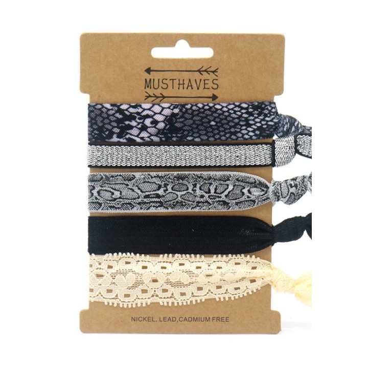 Ibiza Hair Tie - Bracelet - Snake print - Lace - Glitter - Black - 5 Hair elastics