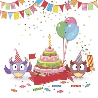 paper lunch napkins - Funny Owls with B-day Cake - Daisy - Children's Birthday - Animals - Owls - Cake - Balloons - Streamers