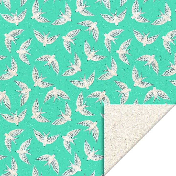 Cadeaupapier - Birds Mint - 70x300 cm - Biet pulp papier - Vogels - Mintgroen