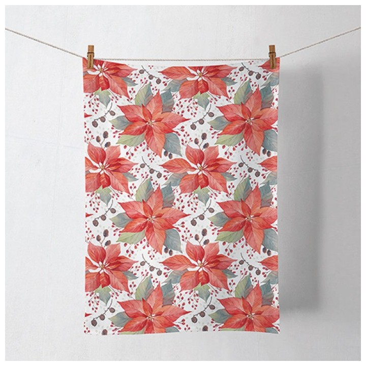 Poinsettia And Berries - Tea Towel - Christmas